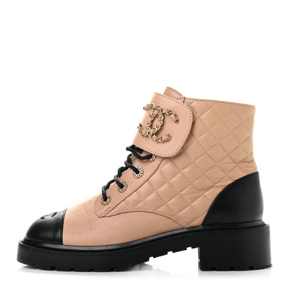 Chanel Shiny Lambskin Quilted Lace Up Combat Boots 41 Beige Black 1 of 8