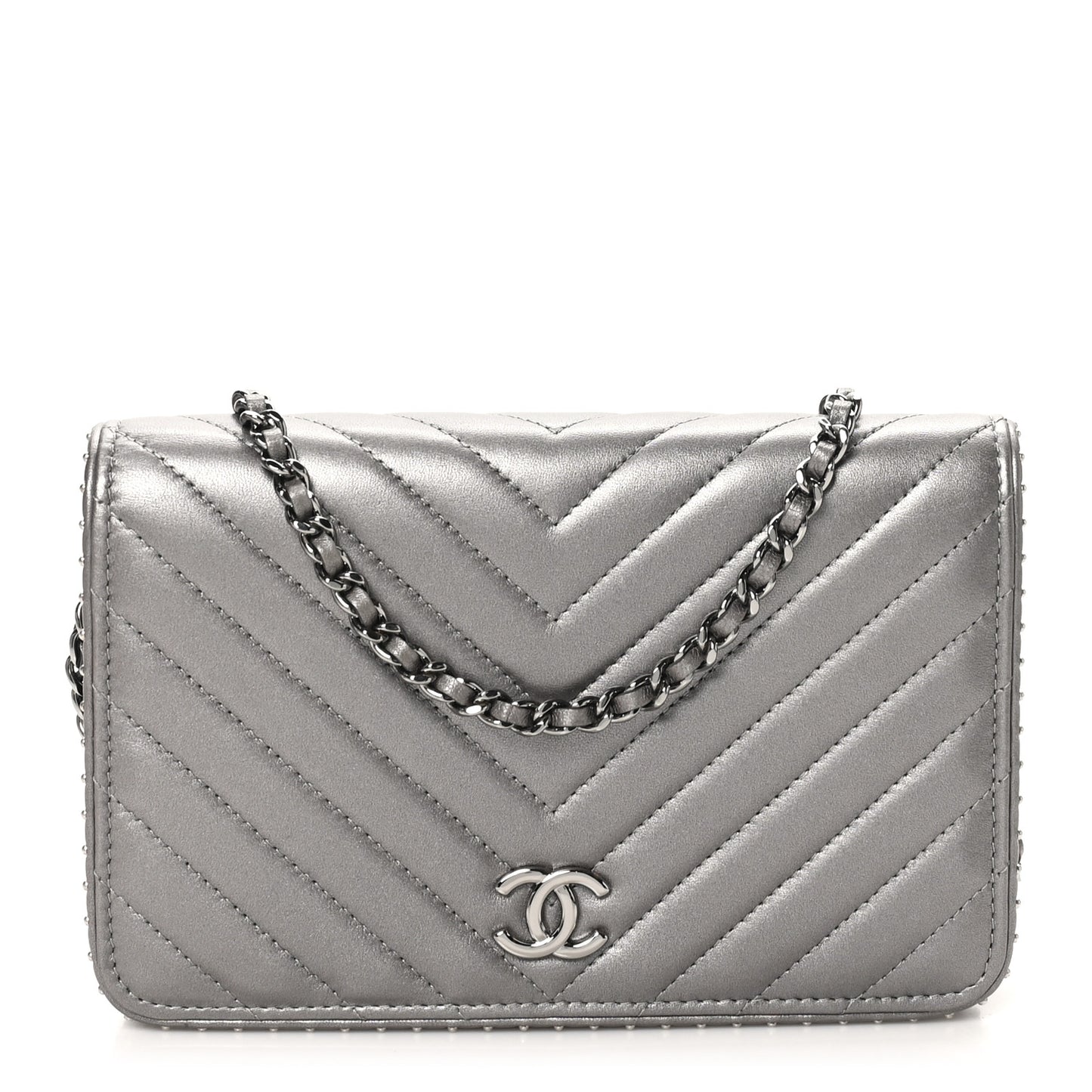 Lambskin Chevron Quilted Studded Wallet On Chain WOC Dark Silver