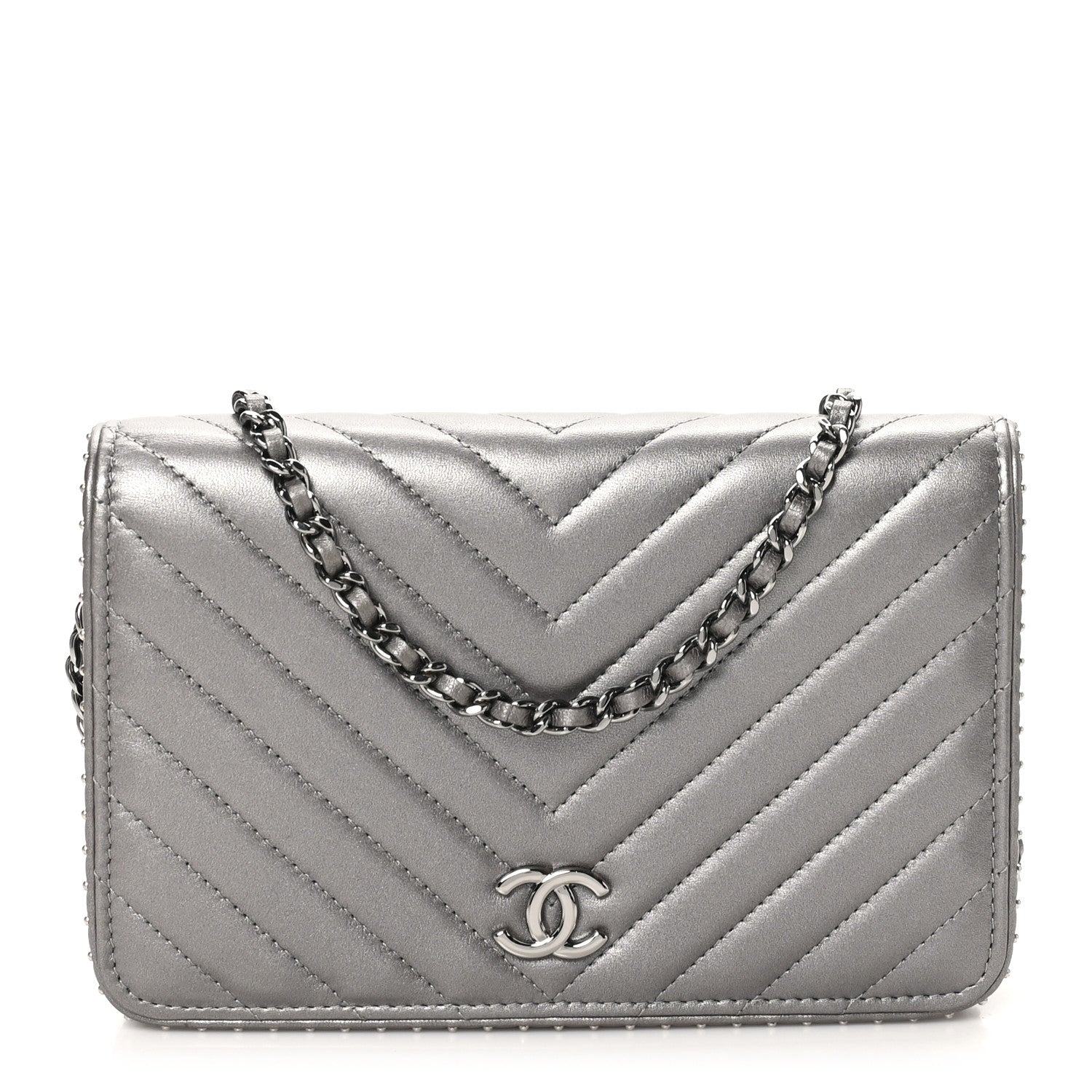 Chanel Lambskin Chevron Quilted Studded Wallet On Chain WOC Dark Silver 1 of 11