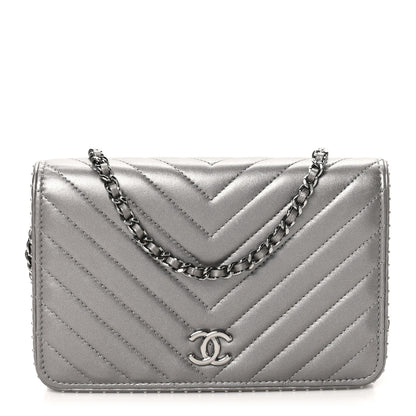 Chanel Lambskin Chevron Quilted Studded Wallet On Chain WOC Dark Silver 1 of 11