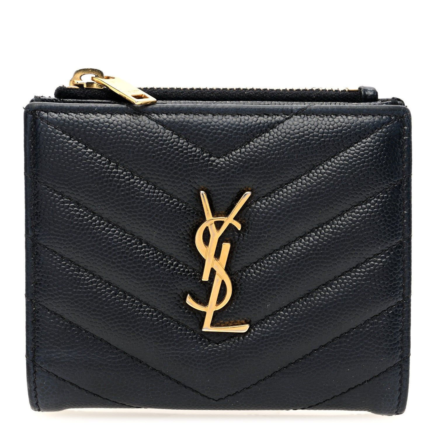 Saint Laurent Grain De Poudre Matelasse Chevron Monogram Zipped Card Case Black 1 of 6