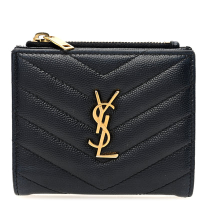 Saint Laurent Grain De Poudre Matelasse Chevron Monogram Zipped Card Case Black 1 of 6