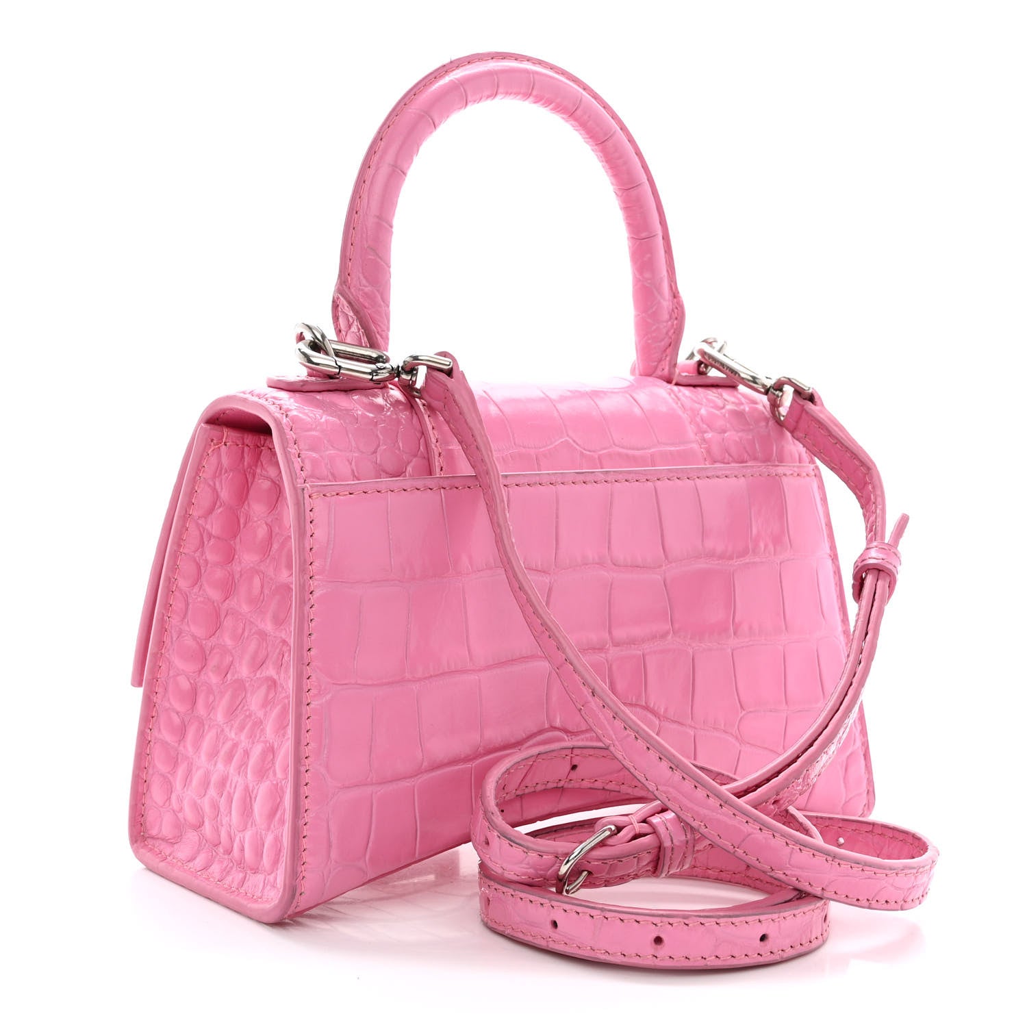 Balenciaga Shiny Calfskin Crocodile Embossed Hourglass Top Handle Bag XS Baby Pink 3 of 15