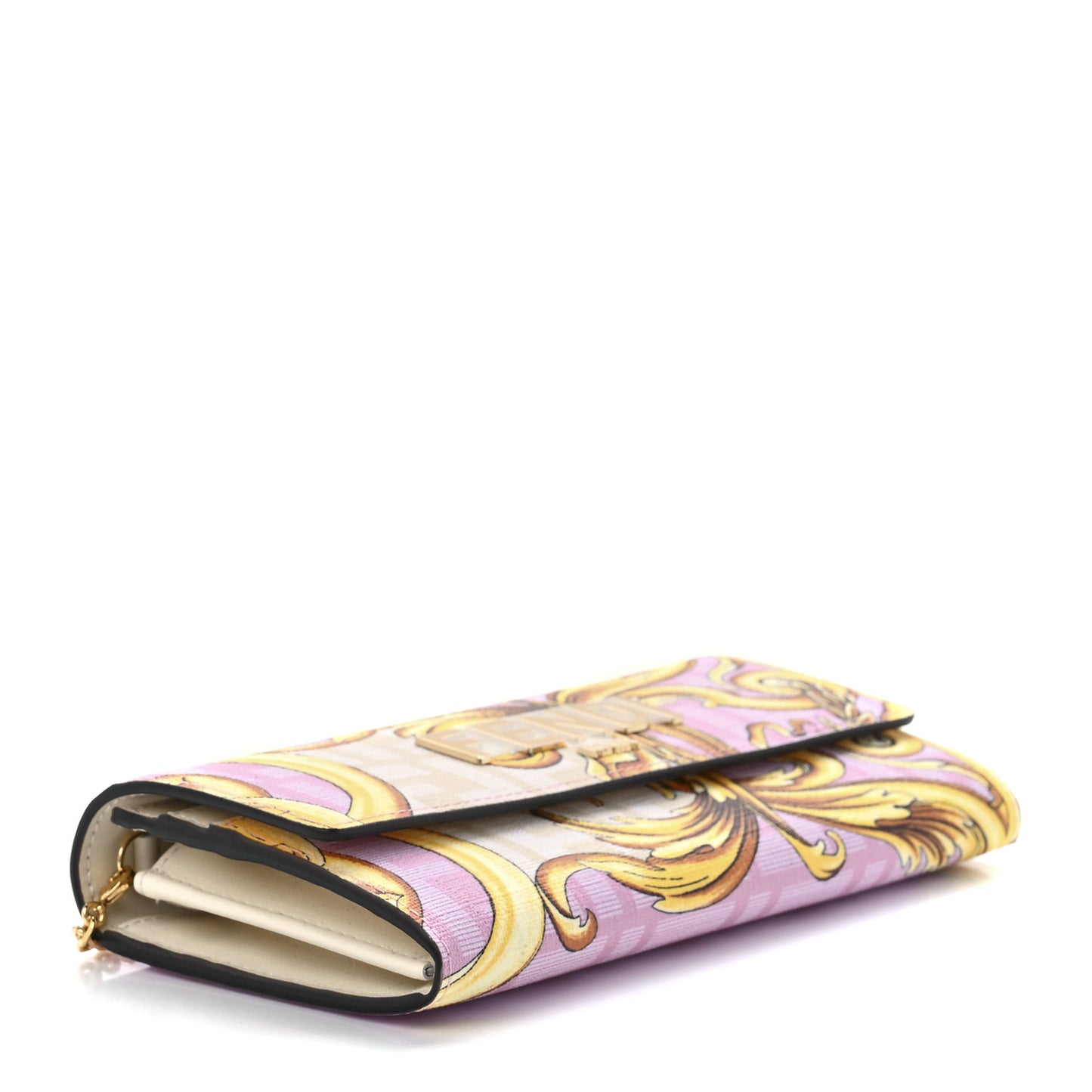 X VERSACE Glazed Fabric Fendace FF Baroque Continental Wallet On Chain Gold White Rosa