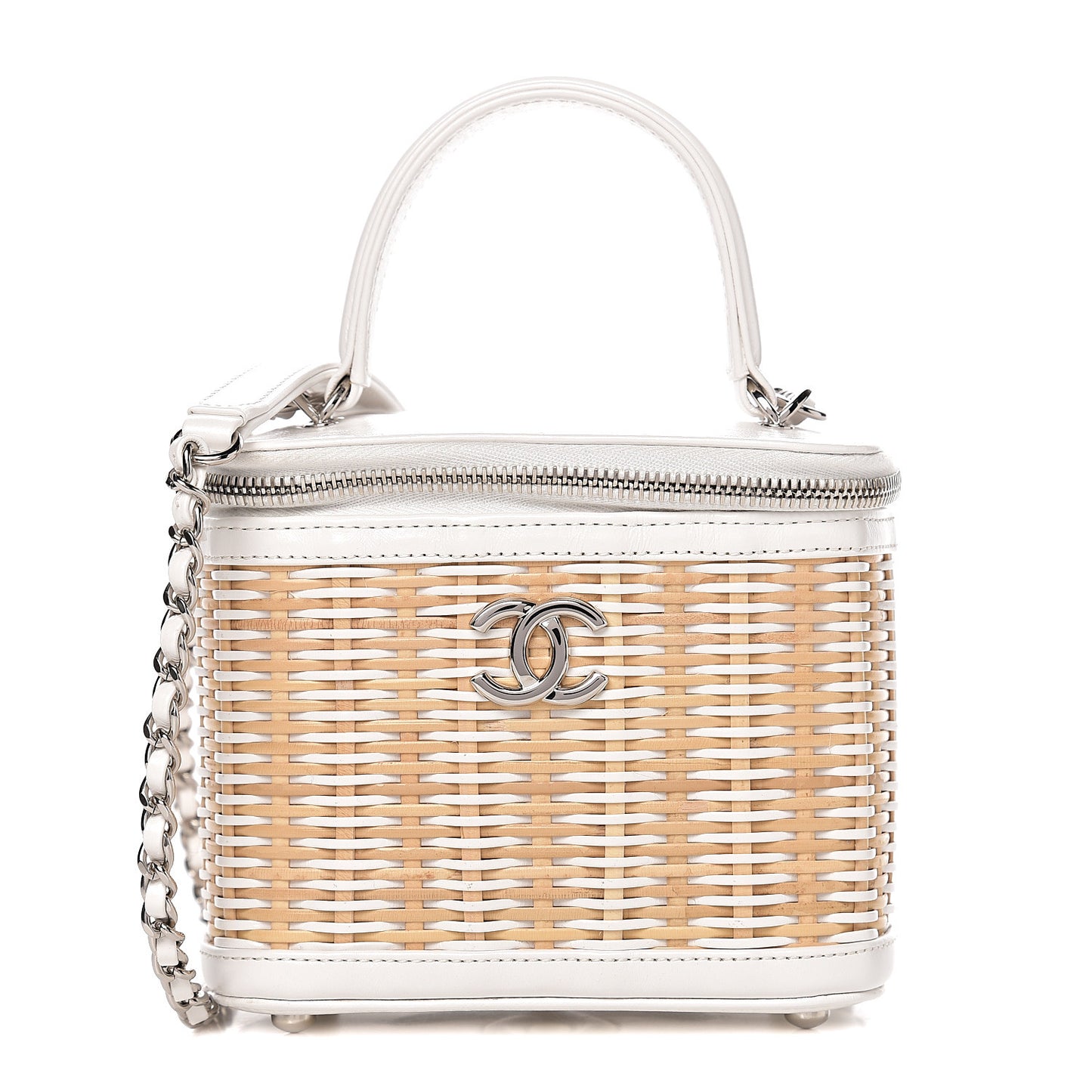 Calfskin Raffia Small Vanity Case Bag White Beige