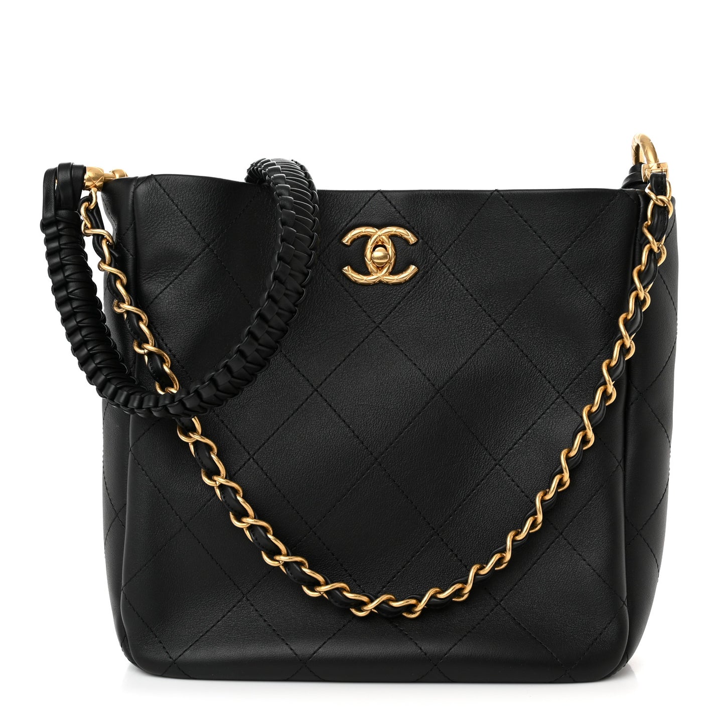 Calfskin Quilted Framing Chain Hobo Black