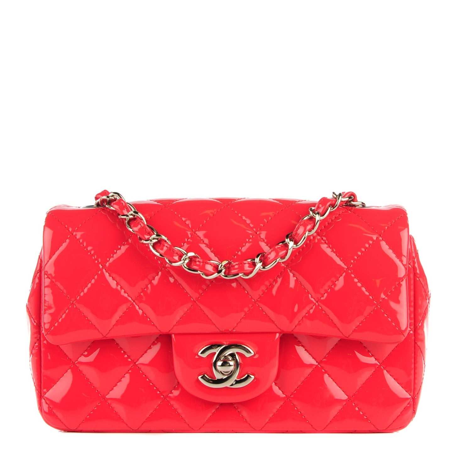 Patent Calfskin Quilted Mini Rectangular Flap Red