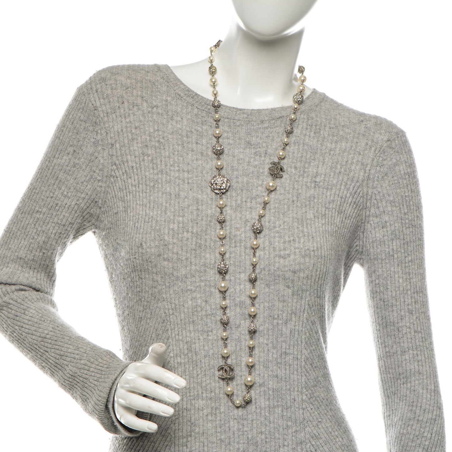 Pearl Crystal Camellia CC Long Necklace Silver