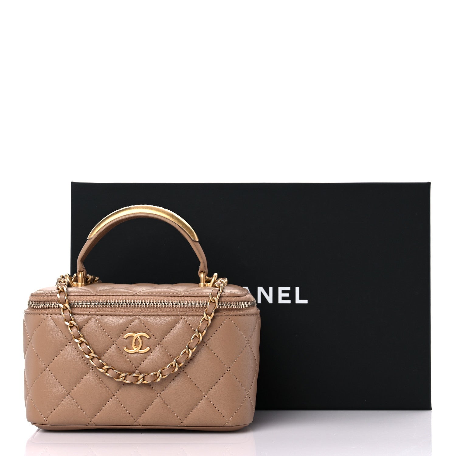 Chanel Lambskin Quilted Metal Small Top Handle Vanity Case With Chain Beige 10 of 10