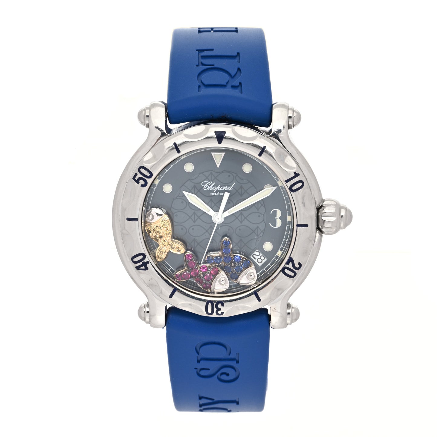 Stainless Steel Rubber Ruby Yellow Blue Sapphire 38mm Happy Sport Beach Fish Quartz Watch Black
