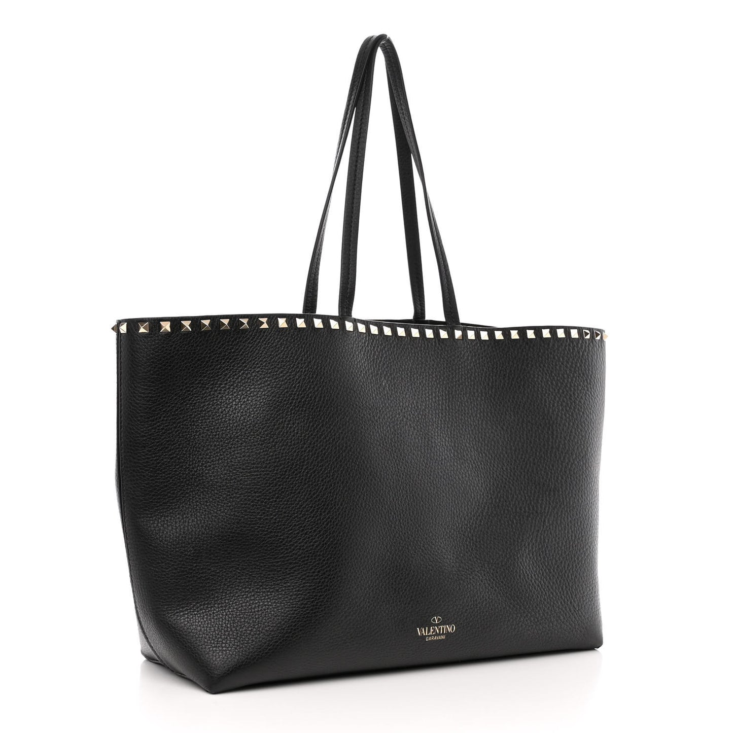 Grained Calfskin Rockstud Shoulder Tote Black