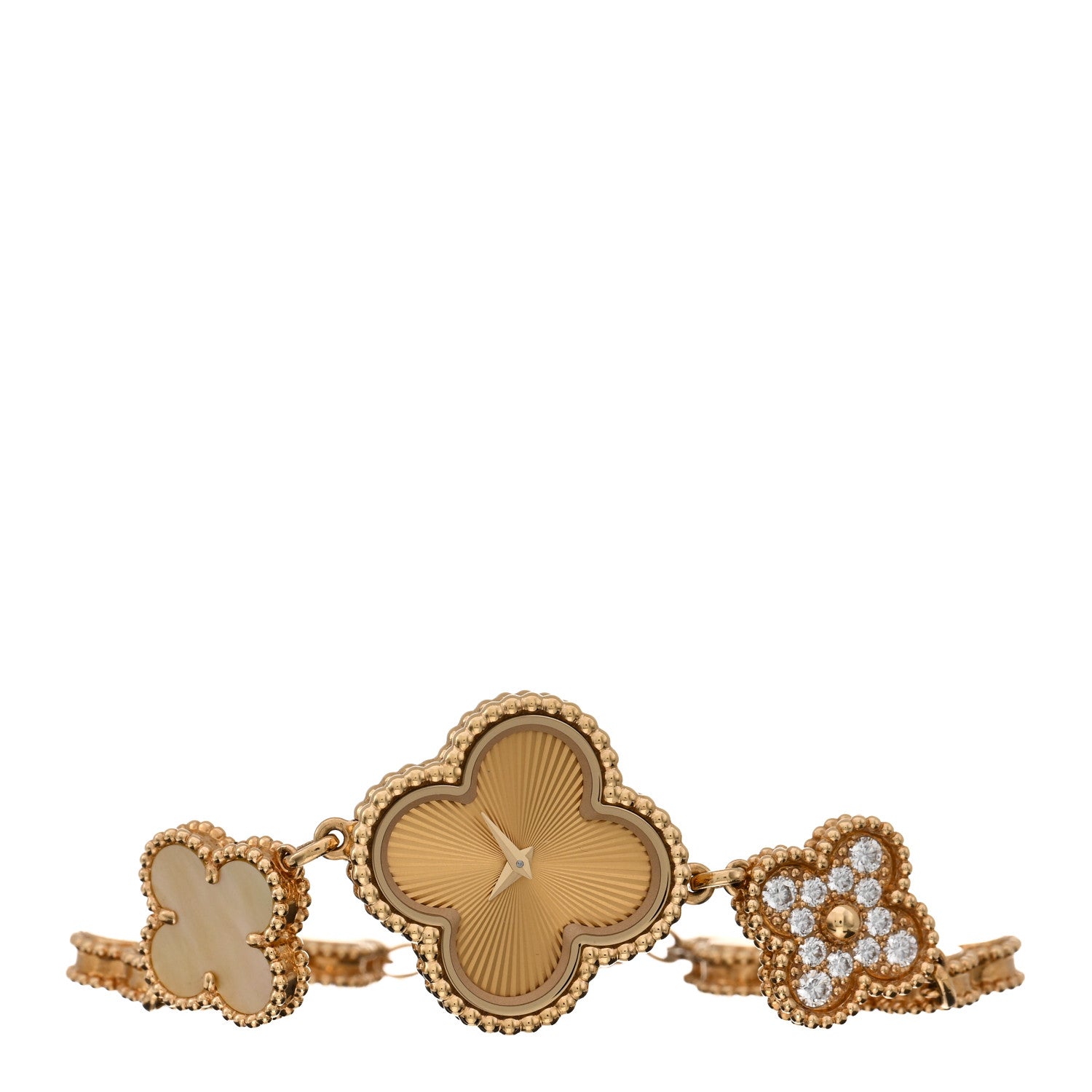 Van Cleef & Arpels 18K Yellow Gold Diamond Mother of Pearl 23mm Alhambra Guilloche Quartz Watch 2 of 4