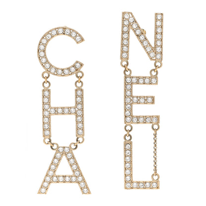 Chanel Crystal Cha-Nel Logo Drop Earrings Gold 1 of 5
