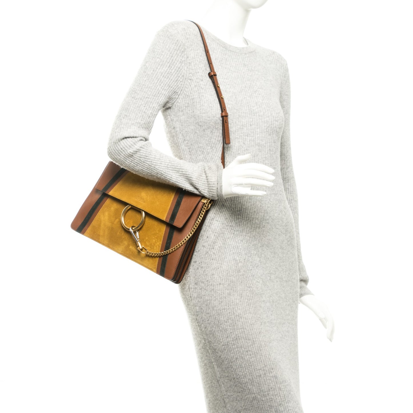 Calfskin Suede Patchwork Medium Faye Shoulder Bag Tobacco