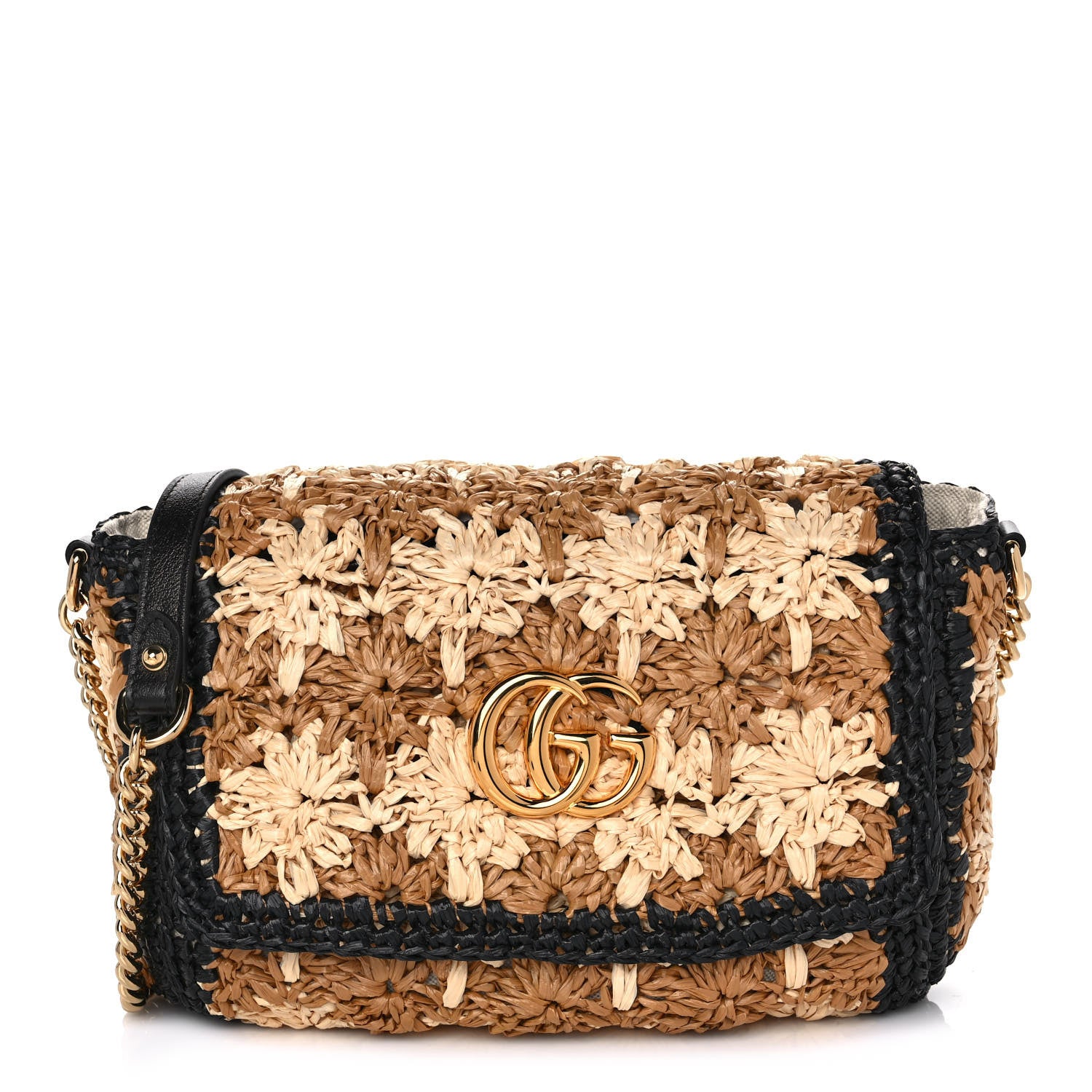 Gucci Raffia Azalea Calfskin Crochet Flower Small GG Marmont Shoulder Bag Natural Ecru Black 1 of 11