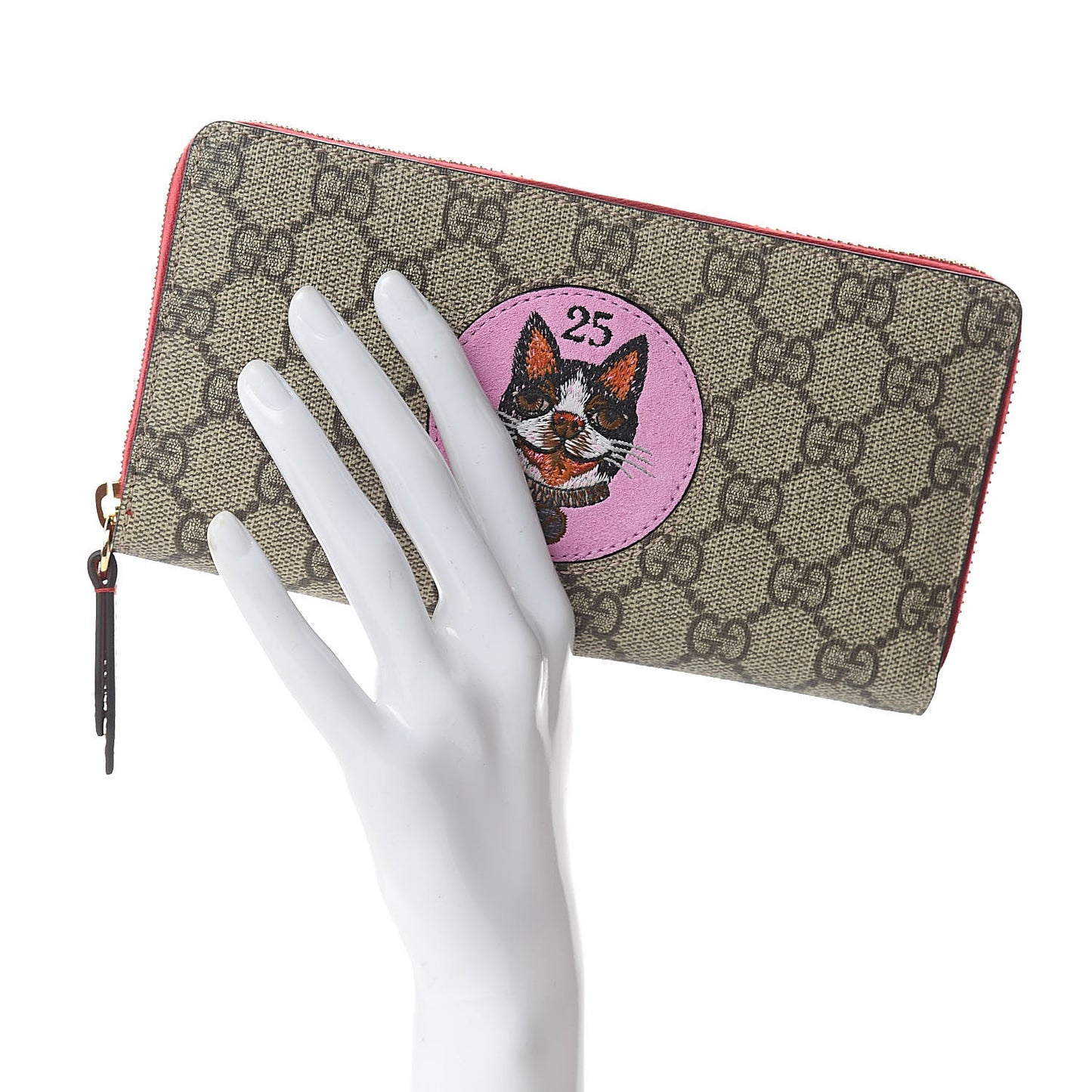 GG Supreme Monogram Bosco Patch Zip Around Wallet Beige Malva Hibiscus Red