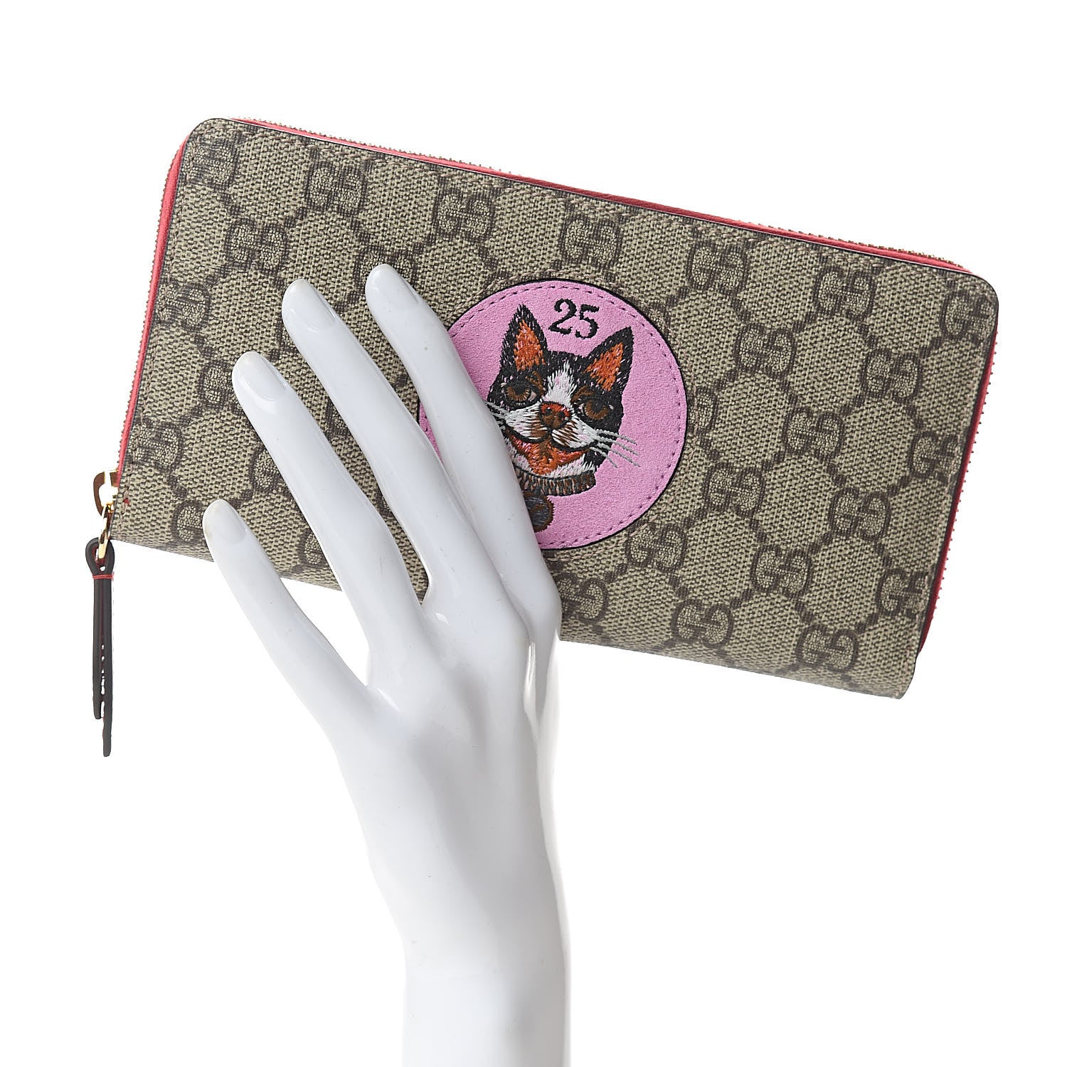 Gucci GG Supreme Monogram Bosco Patch Zip Around Wallet Beige Malva Hibiscus Red 2 of 7
