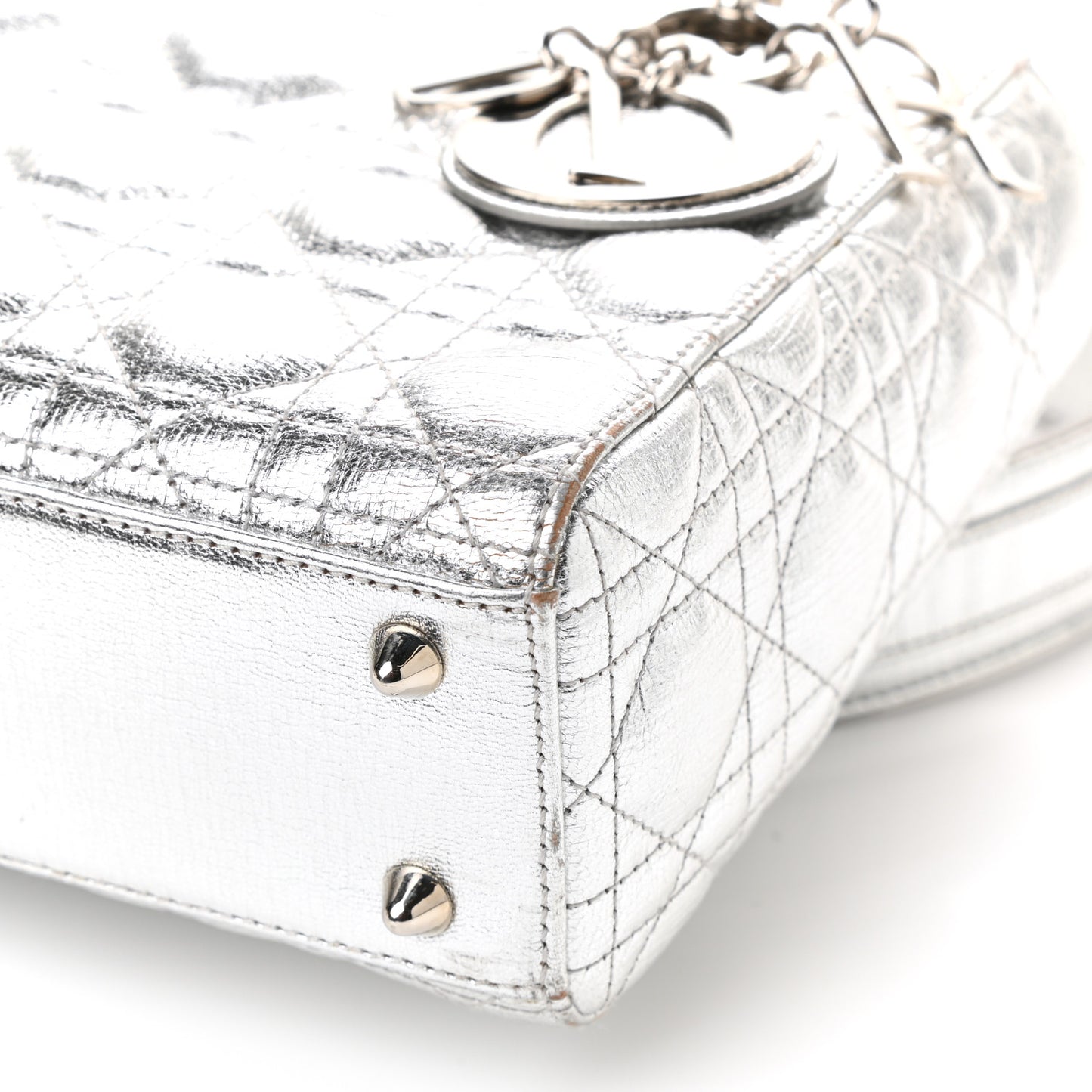 Metallic Grained Calfskin Cannage Small Lucky Badges My Lady Dior Silver