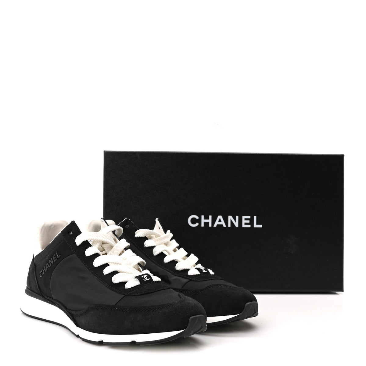 Chanel Nylon Suede Kidskin Calfskin Logo Sneakers 38 Black White 10 of 10
