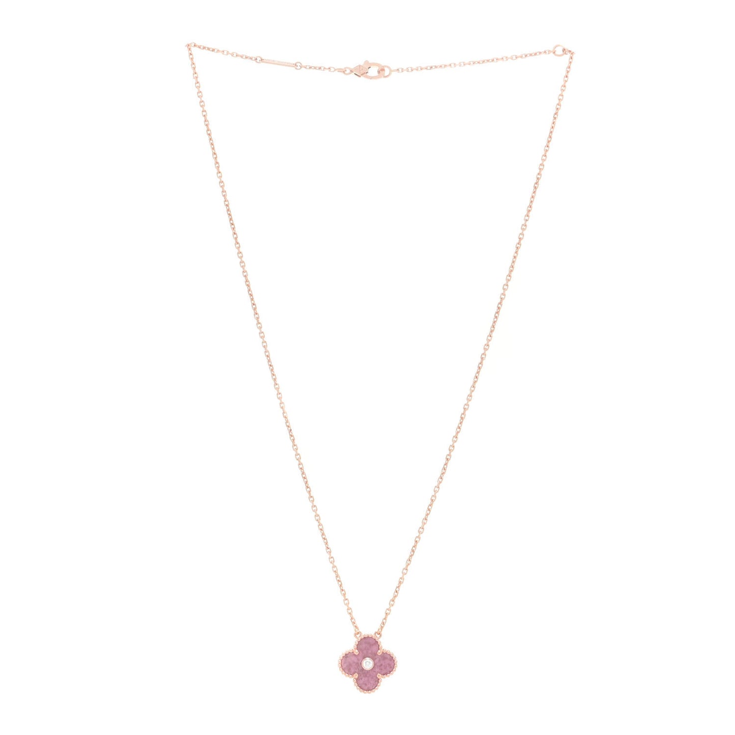 18K Rose Gold Diamond Rhodonite Vintage Alhambra Pendant Necklace