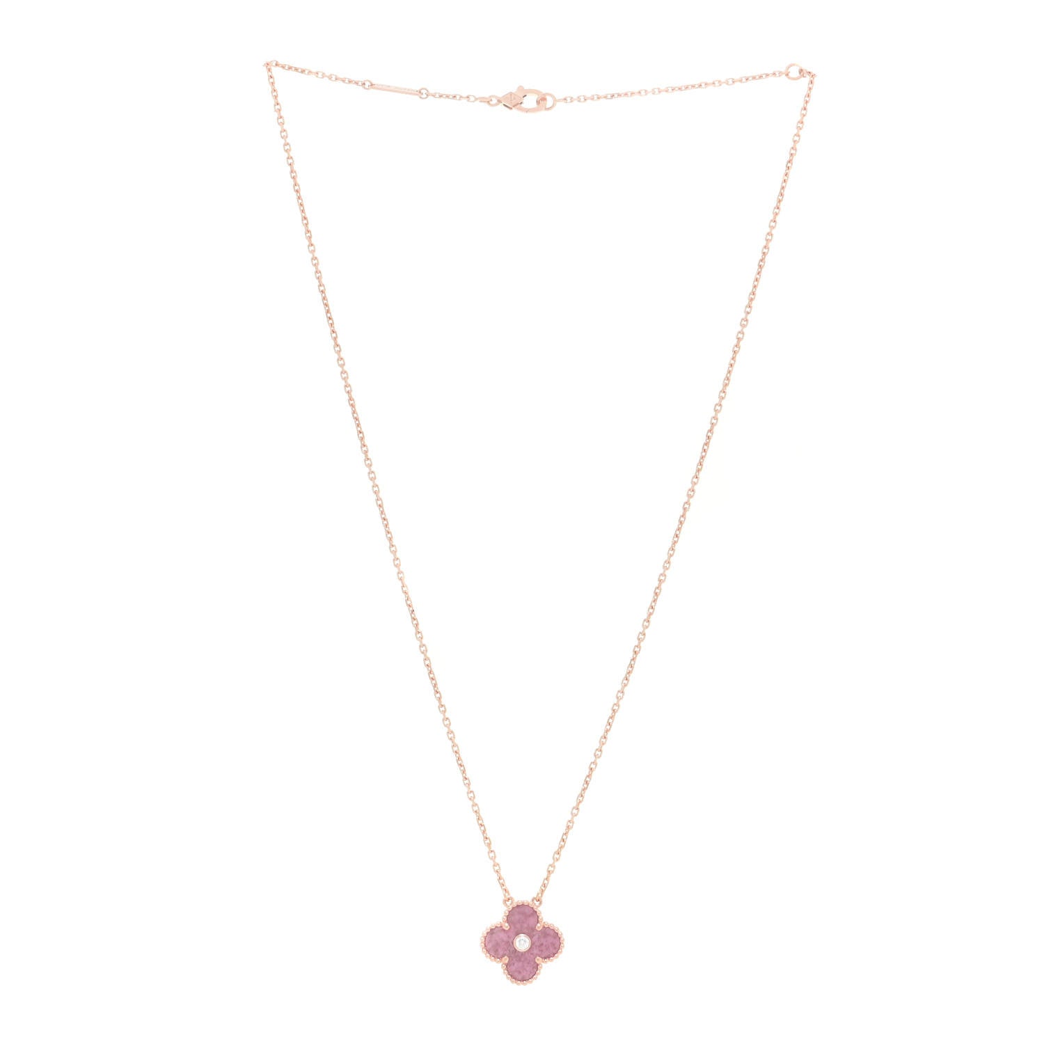 Van Cleef & Arpels 18K Rose Gold Diamond Rhodonite Vintage Alhambra Pendant Necklace 3 of 7