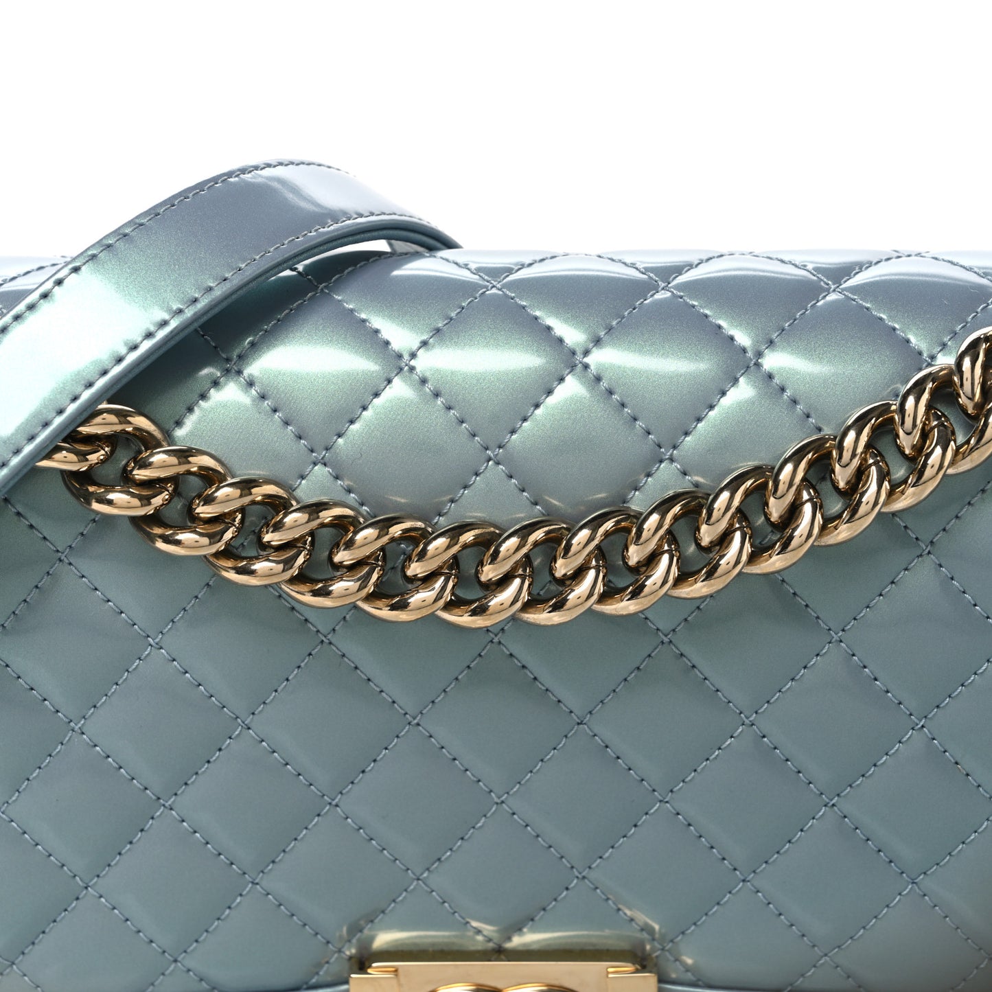 Iridescent Patent Calfskin Quilted Medium Boy Flap Light Blue