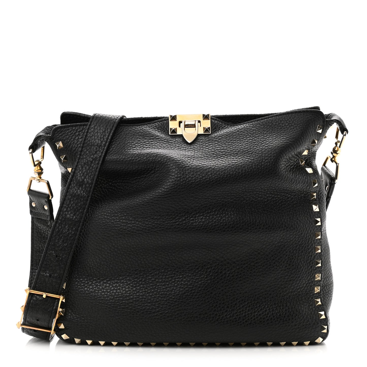 Pebbled Calfskin Large Rockstud Flip-Lock Messenger Bag Black