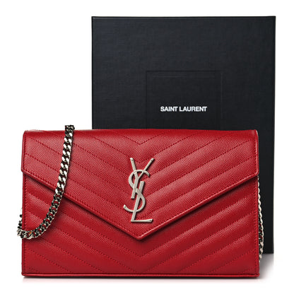Saint Laurent Grain De Poudre Matelasse Chevron Monogram Chain Wallet Red 10 of 10