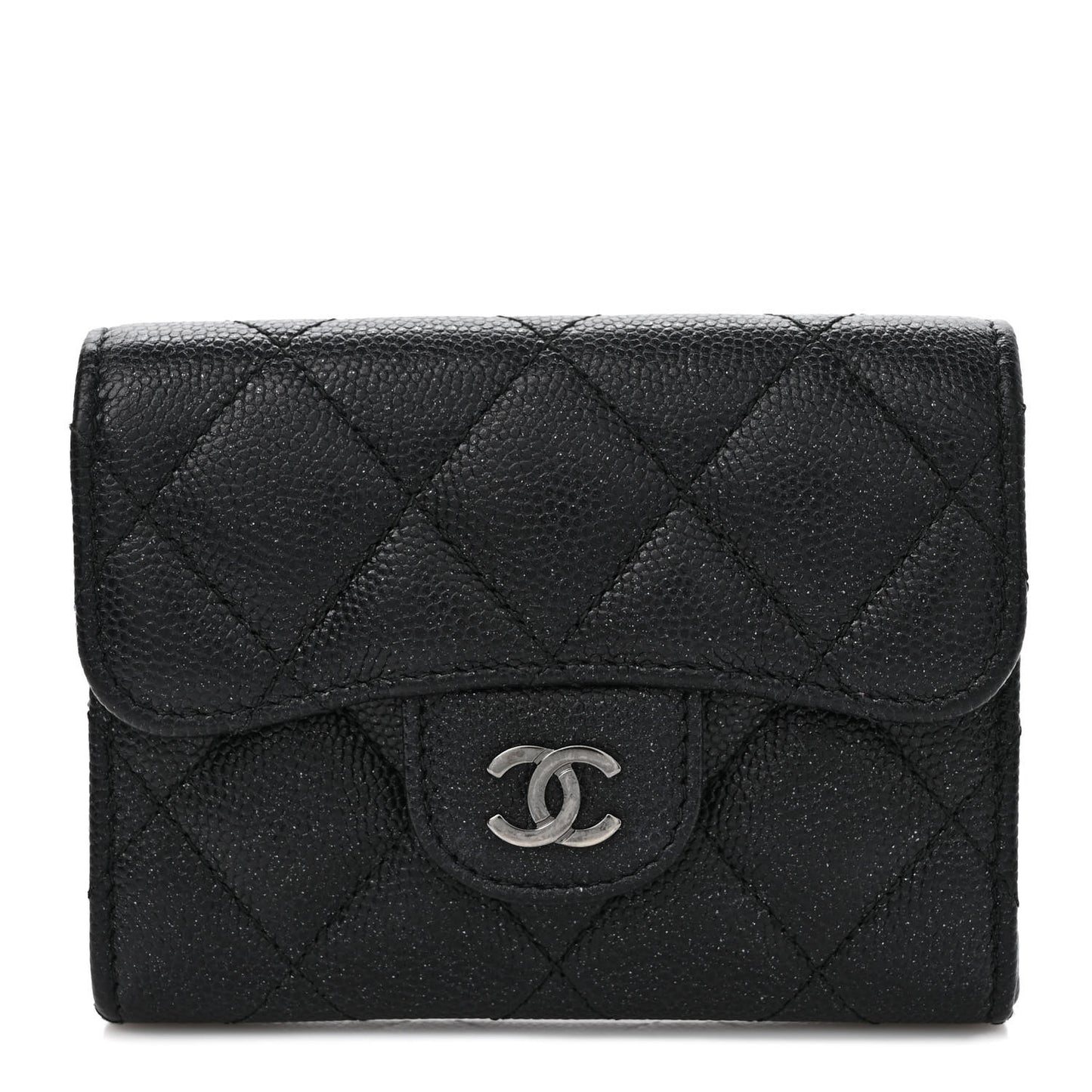 Iridescent Caviar Quilted Flap Card Holder Wallet Black