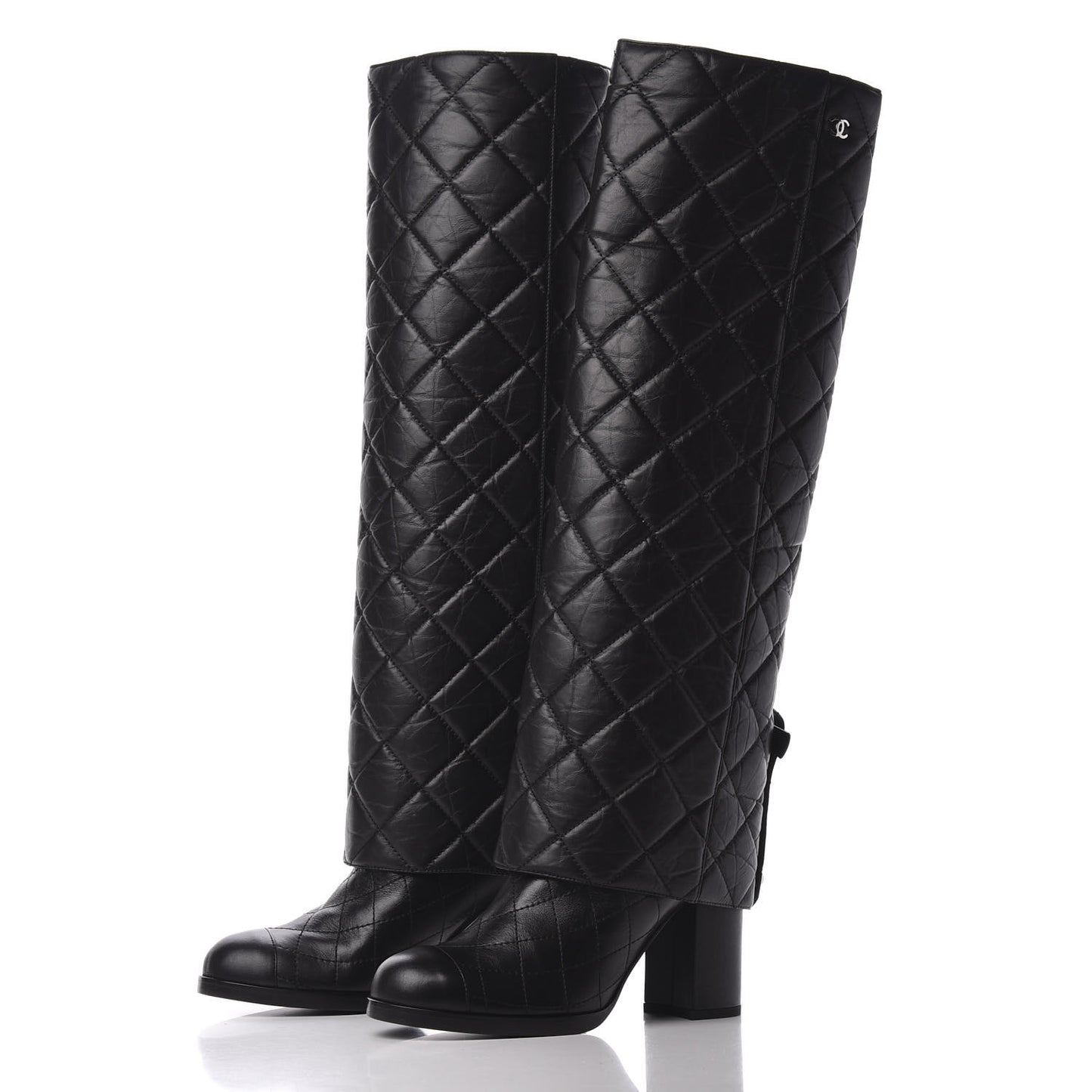 Aged Calfskin Quilted Pearl CC High Boots 37 Black