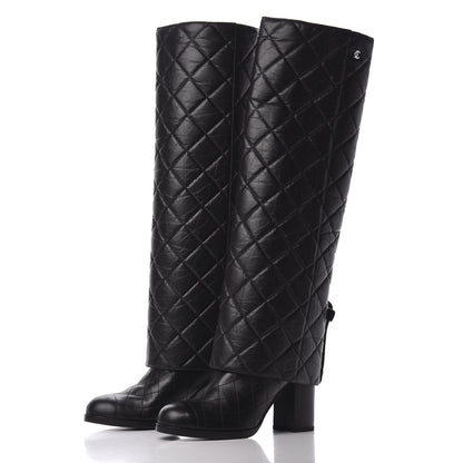 Chanel Aged Calfskin Quilted Pearl CC High Boots 37 Black 2 of 8