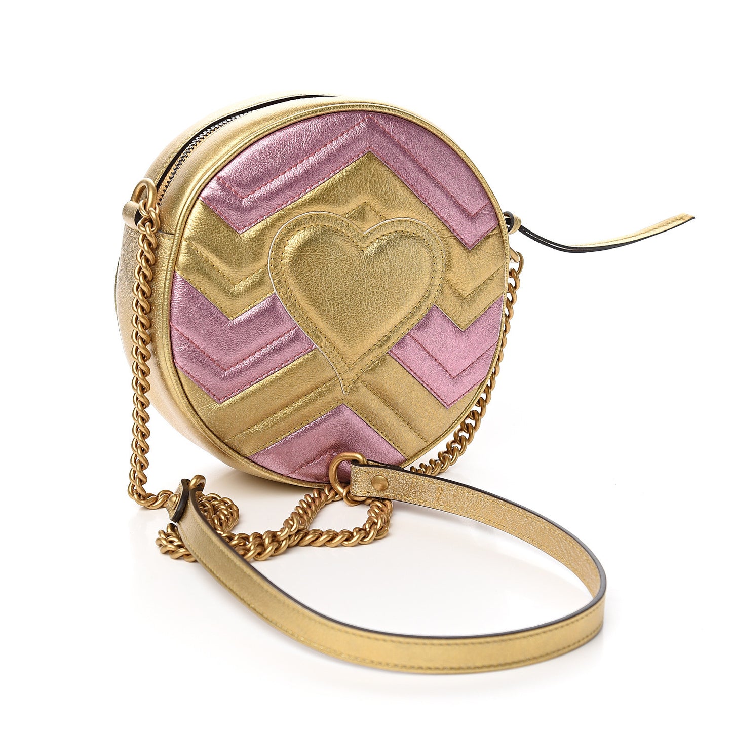 Metallic Calfskin Matelasse Mini GG Marmont Round Shoulder Bag Gold Pink