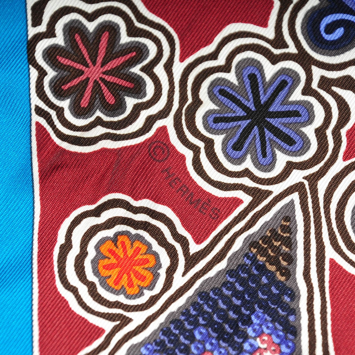 Silk L'Arbre Du Vent Scarf 90 Brique Bleu Corail