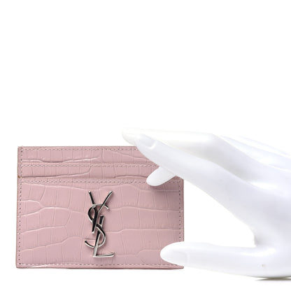 Saint Laurent Calfskin Crocodile Embossed Monogram Card Case Rose Antic 2 of 10