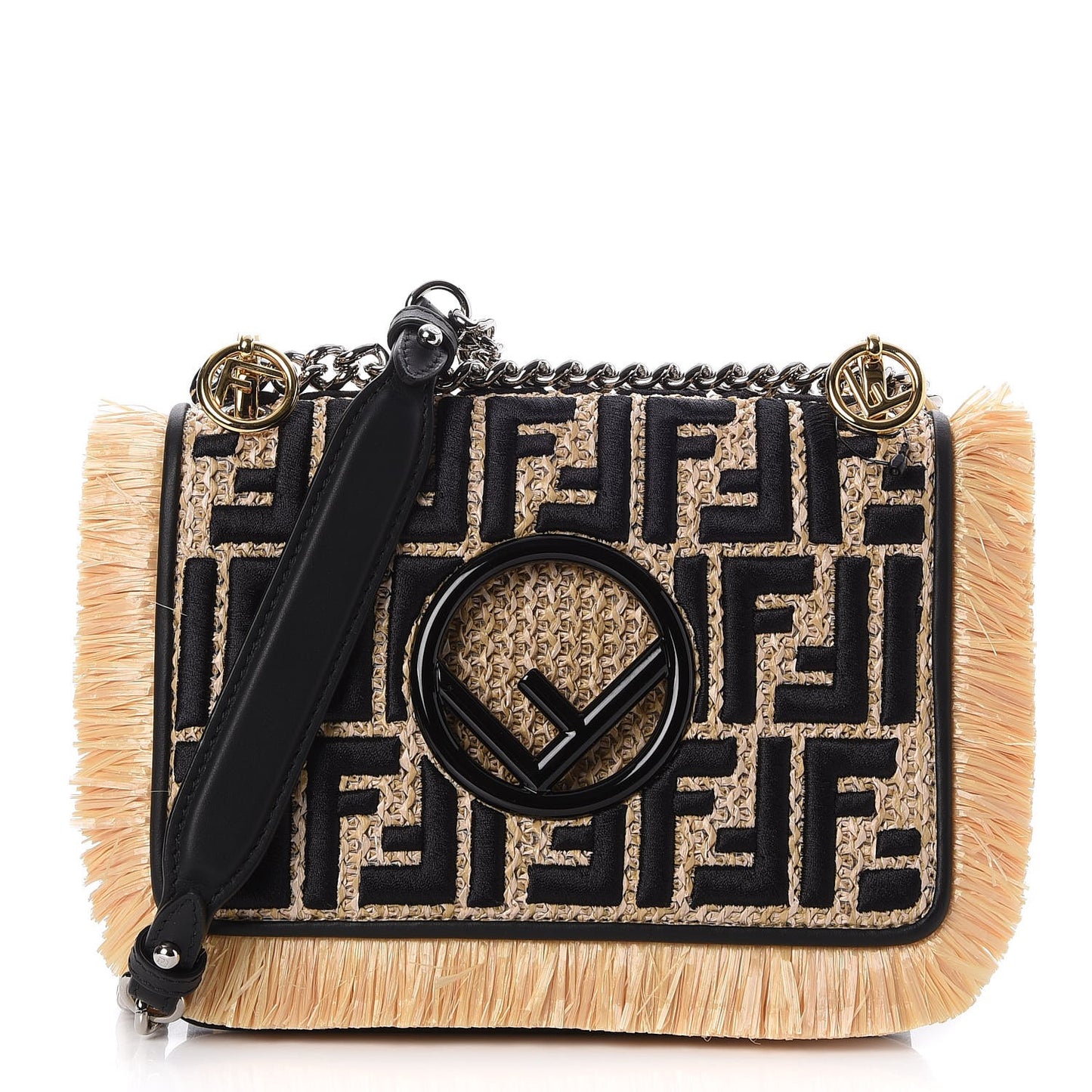 Raffia Vitello Century F is Fendi FF Embroidered Fringe Small Kan I Shoulder Bag Natural Black
