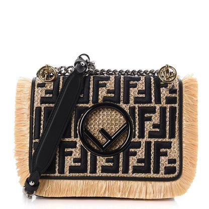 Fendi Raffia Vitello Century F is Fendi FF Embroidered Fringe Small Kan I Shoulder Bag Natural Black 1 of 7