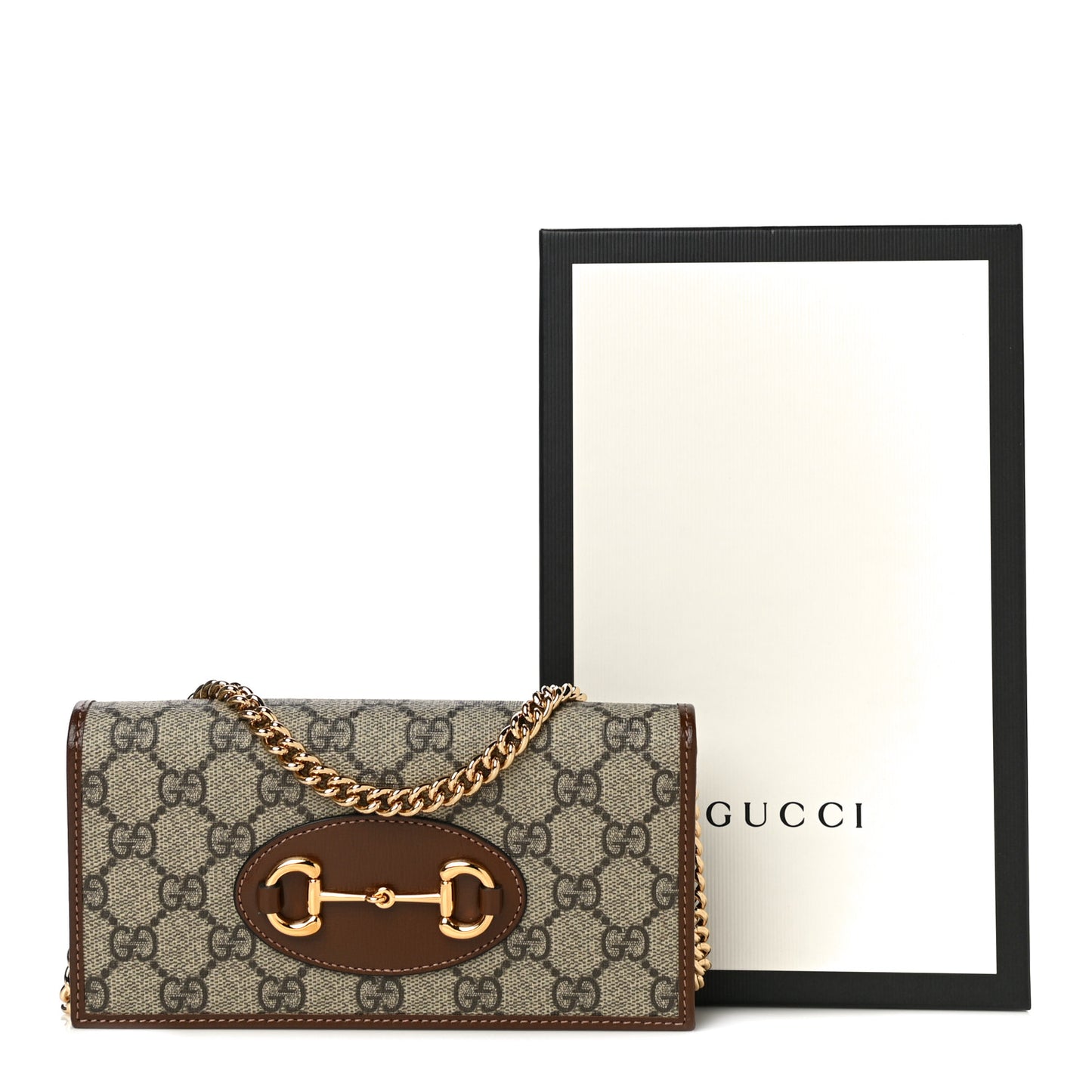 GG Supreme Monogram Azalea Calfskin Horsebit 1955 Wallet On Chain Beige Ebony Brown Sugar