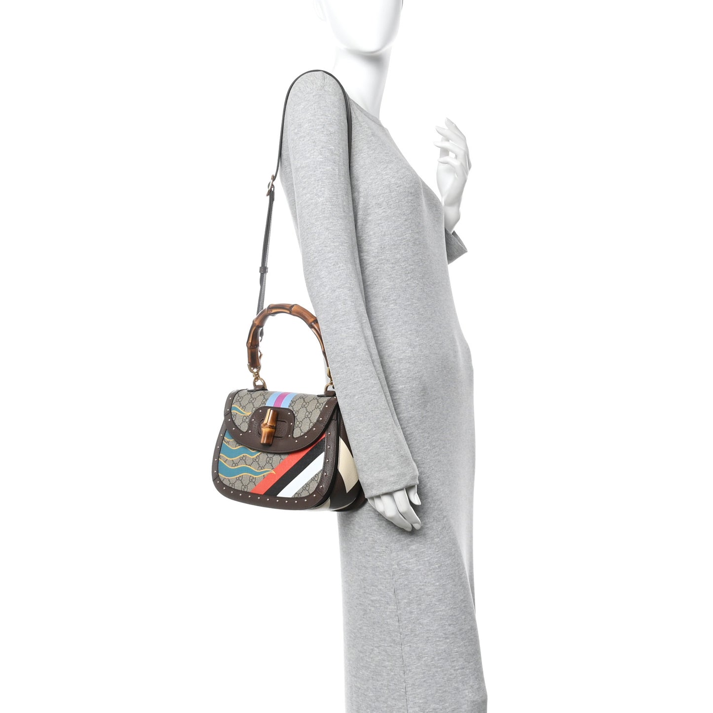 GG Supreme Monogram Studded Calfskin Centum Medium Bamboo 1947 Top Handle Bag Beige Ebony Multicolor