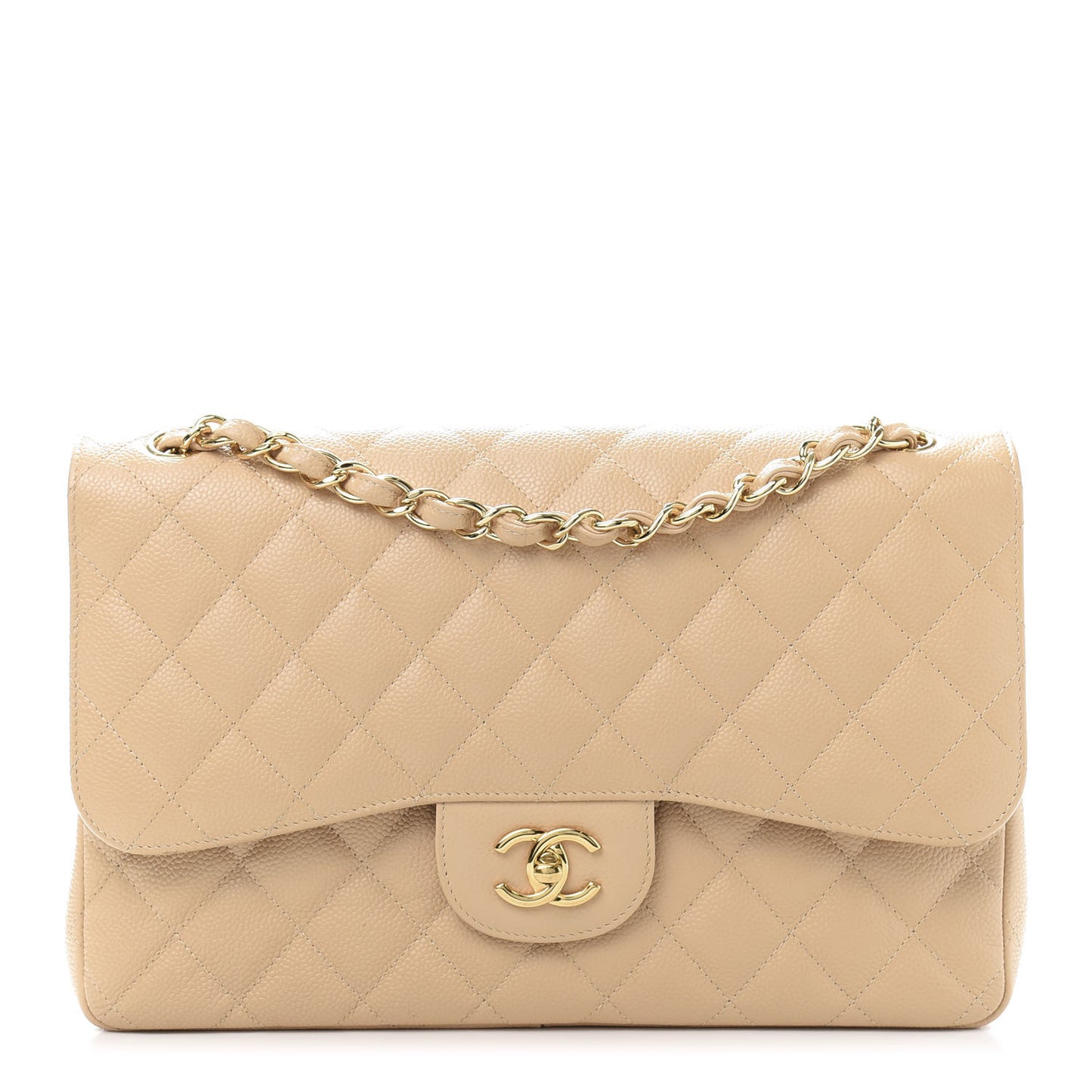 Caviar Quilted Jumbo Double Flap Beige