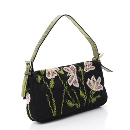 Fendi Canvas Lizard Embroidered Flower Baguette Black Multicolor 3 of 12