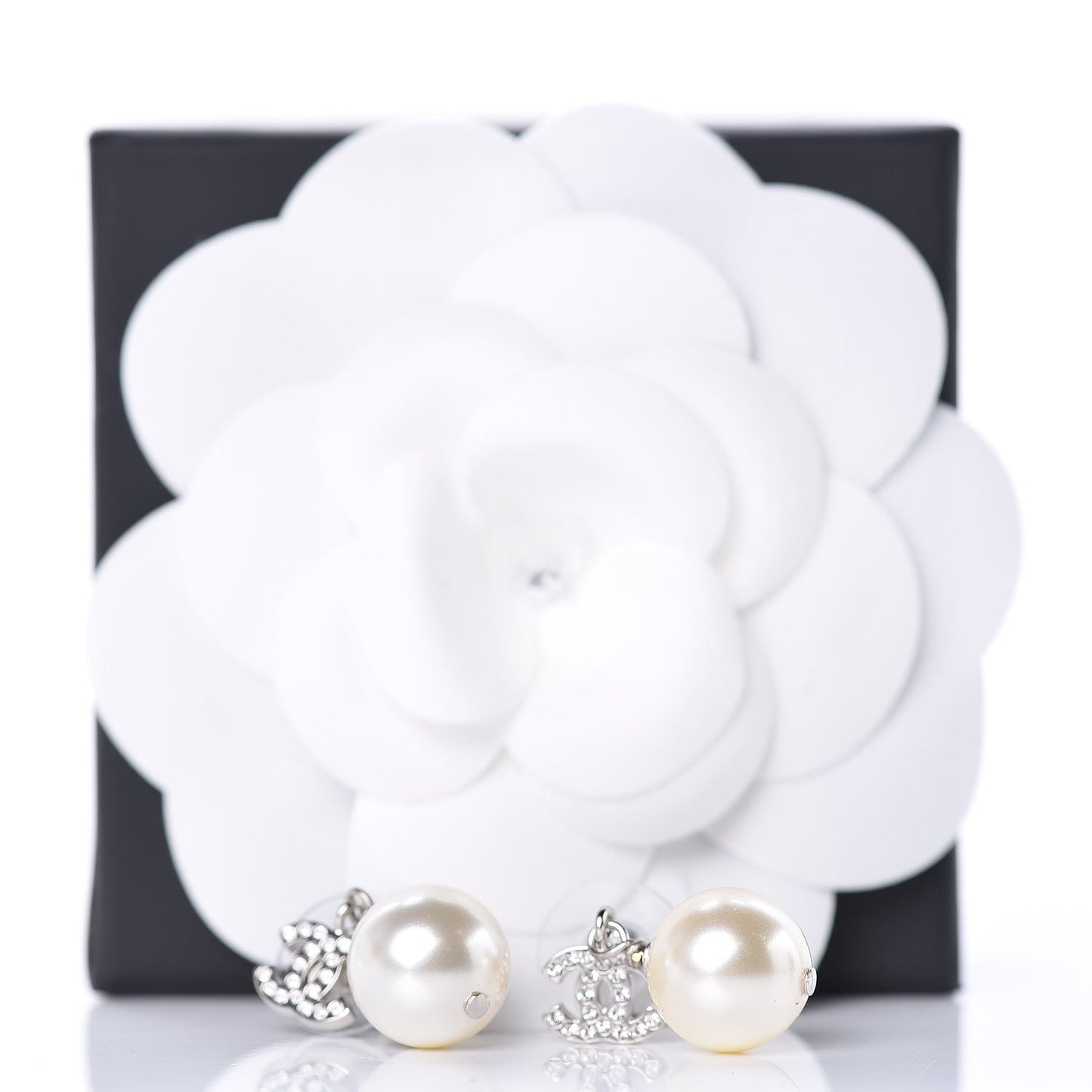Crystal Pearl CC Drop Earrings Silver
