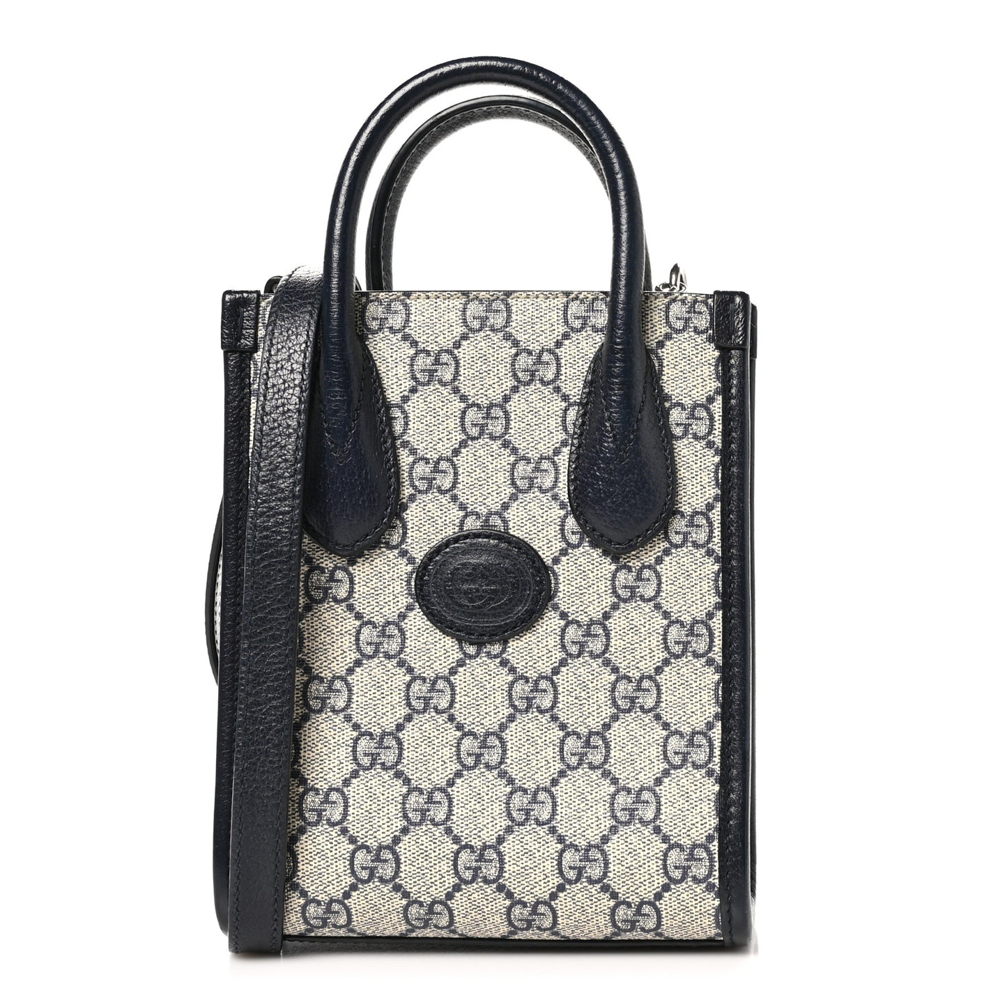 GG Supreme Monogram Textured Dollar Calfskin Mini Retro Interlocking G Tote Bag Beige Blue