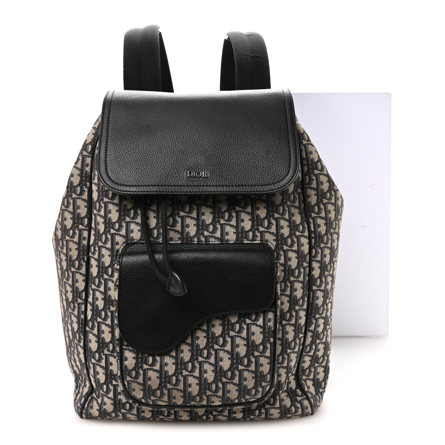 Christian Dior Oblique Jacquard Grained Calfskin Drawstring Saddle Backpack Beige Black 11 of 11