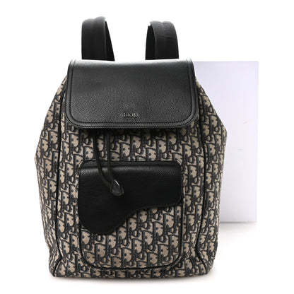 Christian Dior Oblique Jacquard Grained Calfskin Drawstring Saddle Backpack Beige Black 11 of 11