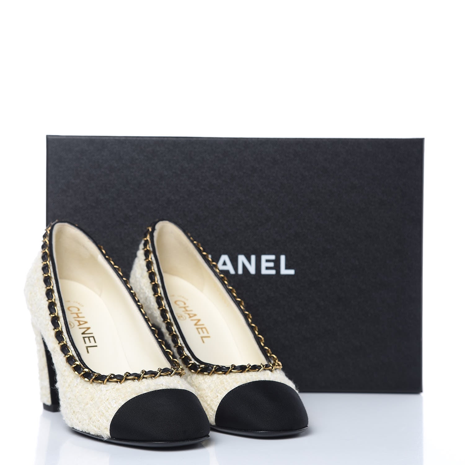Chanel Tweed Grosgrain Chain Cap Toe Pumps 36 Ivory Black 9 of 9