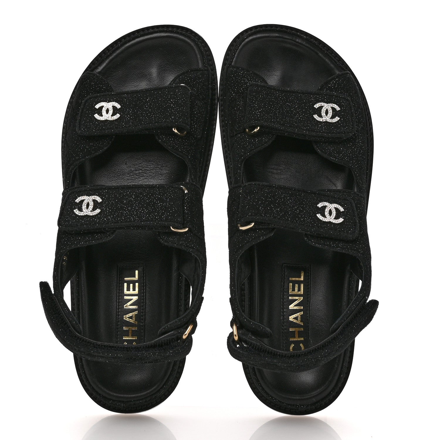 Chanel Suede Kidskin Glitter Crystal Velcro Dad Sandals 38 Black