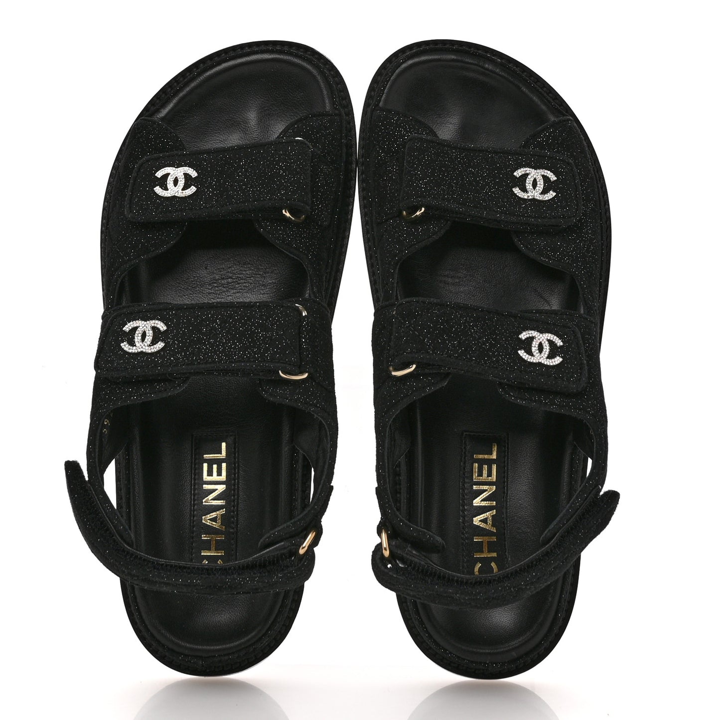 Suede Kidskin Glitter Crystal Velcro Dad Sandals 38 Black Silver