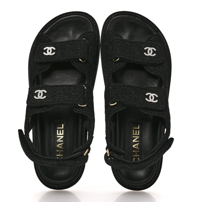 Chanel Suede Kidskin Glitter Crystal Velcro Dad Sandals 38 Black Silver 2 of 9