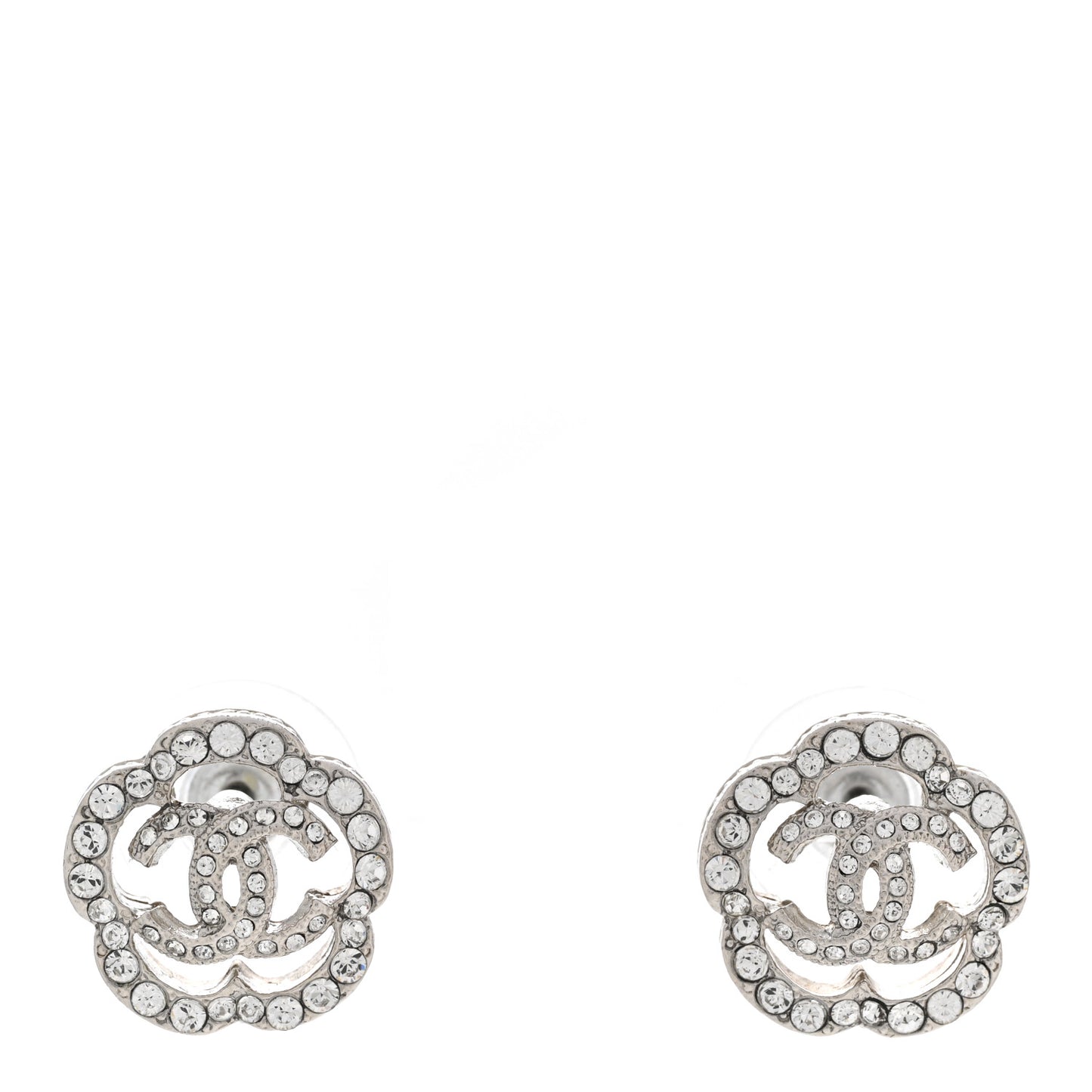 Crystal Coco Flapper Camellia CC Stud Earrings Silver