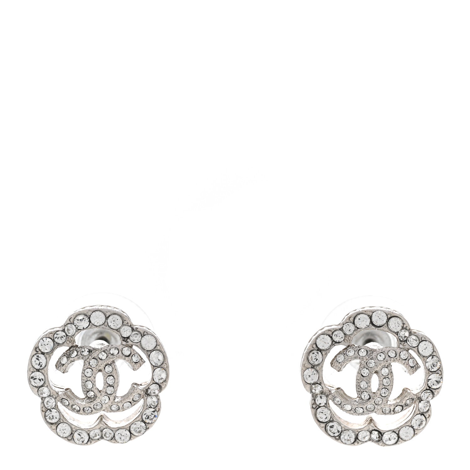Chanel Crystal Coco Flapper Camellia CC Stud Earrings Silver 1 of 5